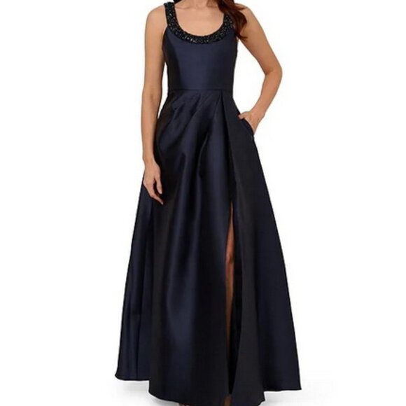 Adrianna Papell Navy Blue Beaded Neck Side Drape Mikado Gown - Picture 1 of 3